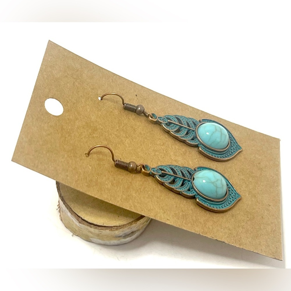 NEW INVENTORY! Antiqued Copper and Turquoise Color earrings with patina. - Picture 3 of 4